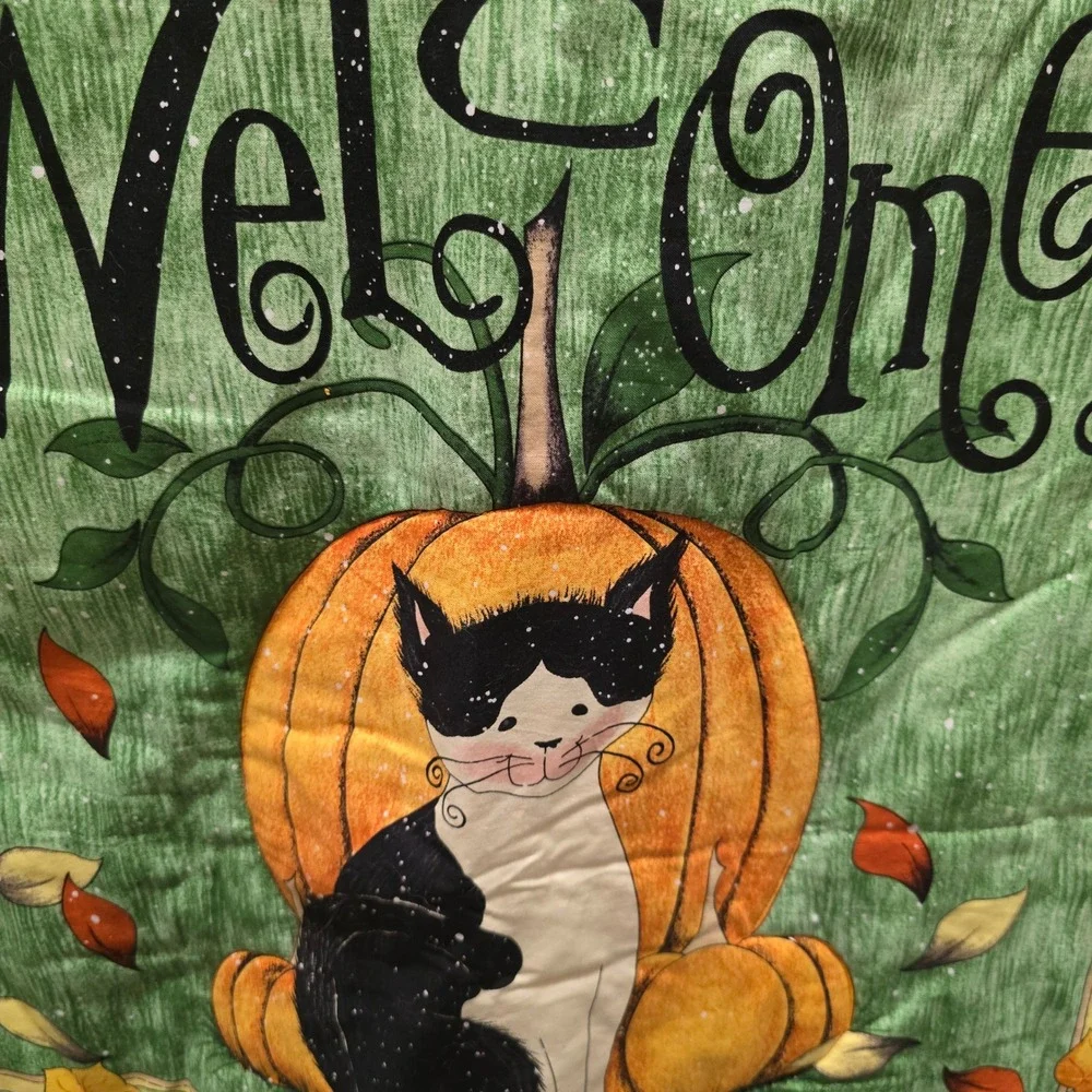 Handmade Halloween Welcome Banner Quilt Cat Pumpkin Crow House Fall Autumn Decor